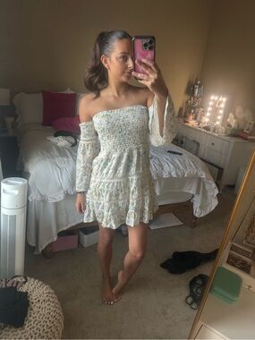 Smocked Off-Shoulder Mini Dress in Light Floral Print - White